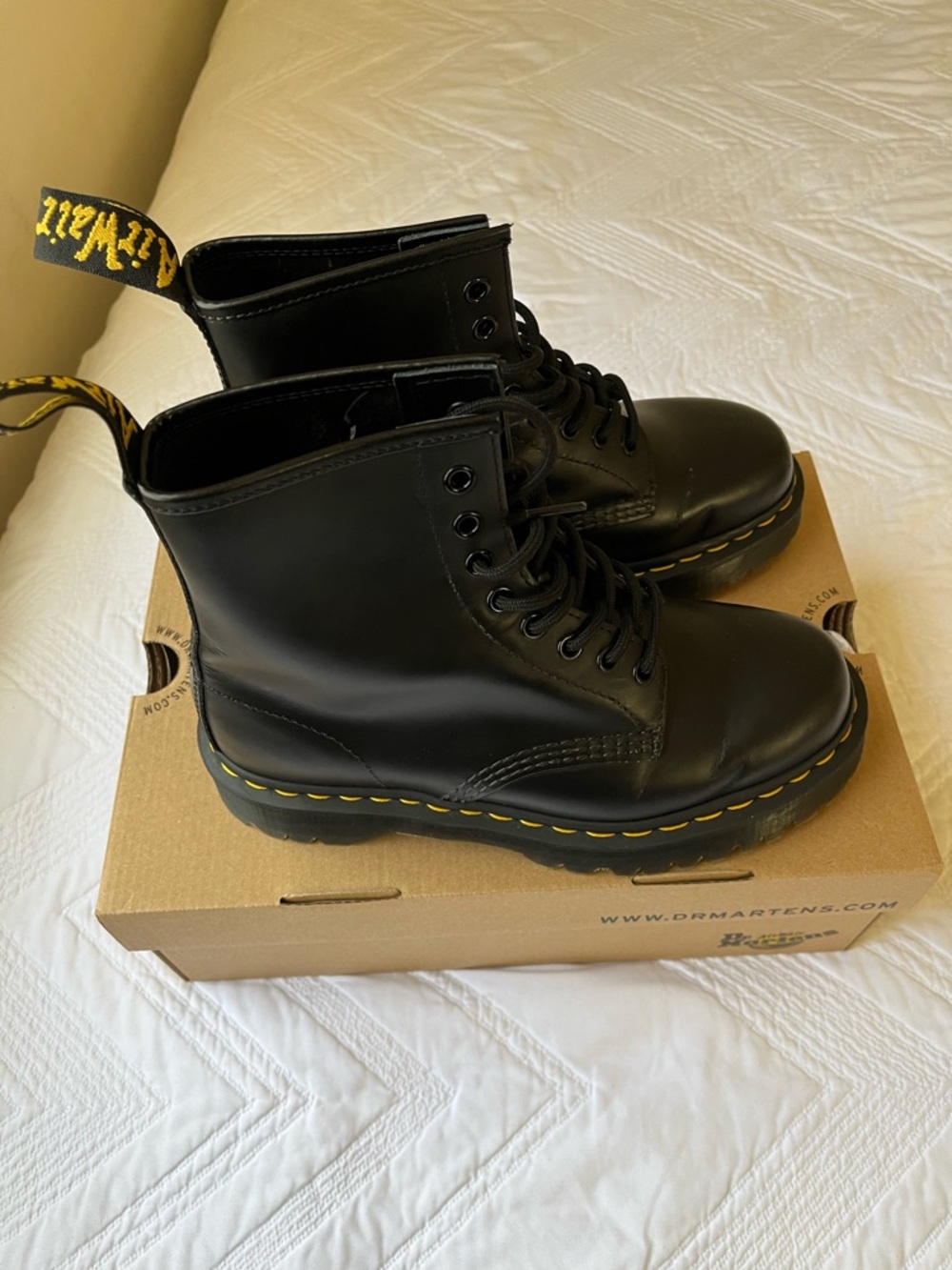 Dr. Martens Black Leather 8-Eye Boots with Yellow Stitching - Picture 4 of 7